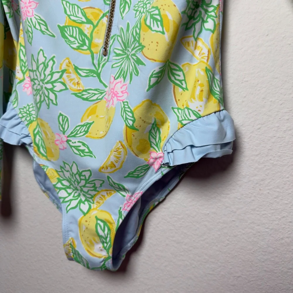 Lilly Pulitzer Girls Denning Rashguard Swimsuit 12 Blue Make Lemonade UPF 50+